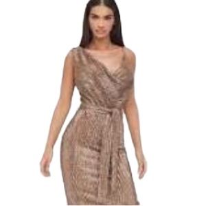 LAVISH ALICE GOLD SEQUIN DRAPED COWL NECK SLEEVELESS MIDI DRESS SIZE US 4